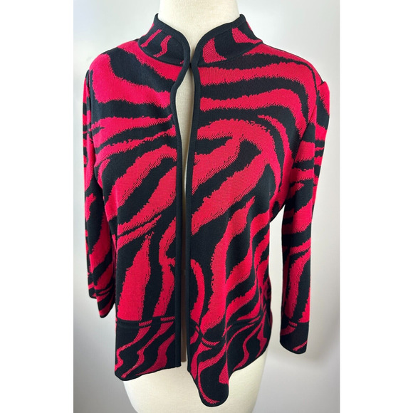 Ming Wang Open Front Knit Cardigan Jacket Red & Black Animal Print Tiger PM - Picture 14 of 16